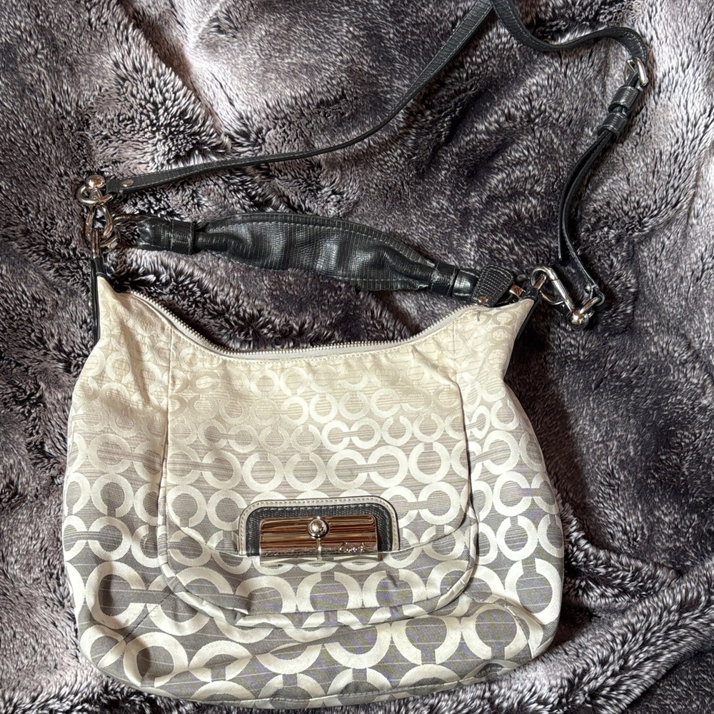 Coach Cream and Black Signature Shoulder Bag